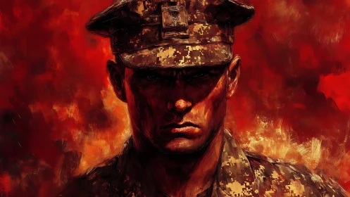 Digital portrait depicts soldier in uniform against red field