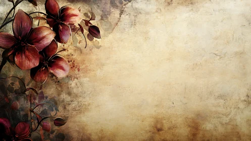 Dark red lilies frame textured vintage parchment space