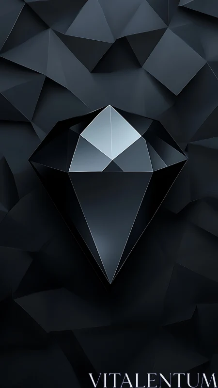 Geometric black crystal rendered on faceted polygonal surface