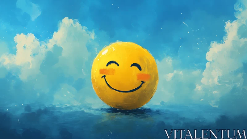Smiling yellow sphere glows with joy in a dreamy sky