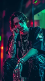 Male subject in neon lit interior wearing chains and rings.