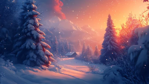 Snow-draped pines cradle sunrise over a hidden cabin