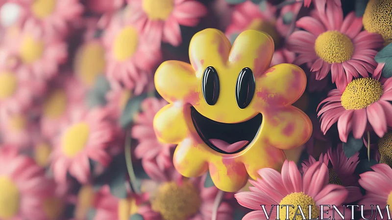 Stylized glossy flower face object sits among pink daisies