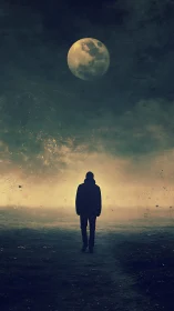 Lone wanderer beneath a brooding moonlit storm sky.
