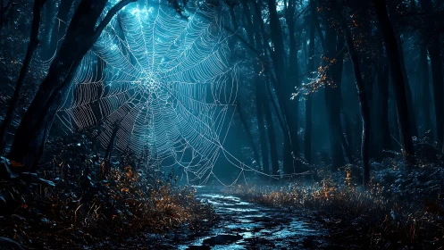Large illuminated spider web over forest path at night.