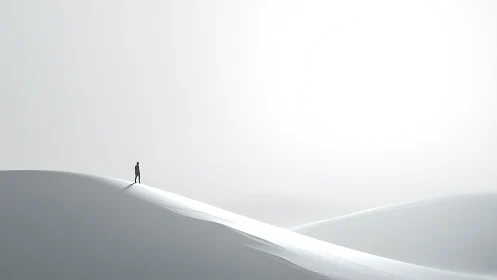 Quiet figure wandering across soft, sunlit white dunes.