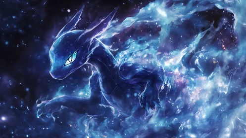 Cosmic dragon spirit emerges through swirling blue nebula