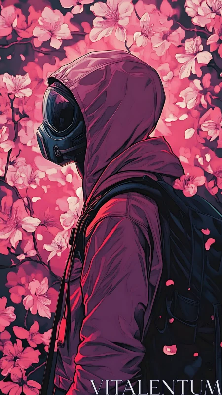 Hooded figure in gas mask stands amid dense pink blossoms