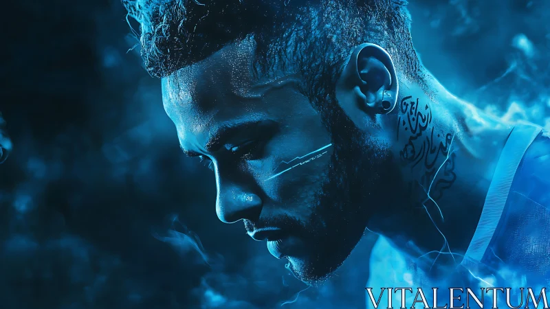 Cybernetic male profile in electric blue atmospheric lighting