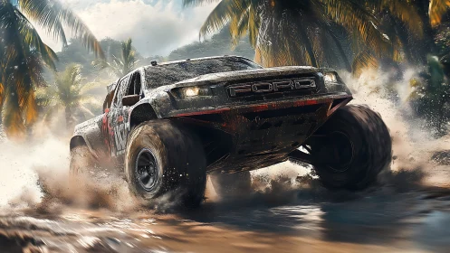 Thunderous off-road truck blasts through wet tropical sand