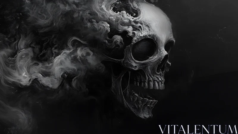 Digital painting of a dissolving skull in swirling monochrome smoke.