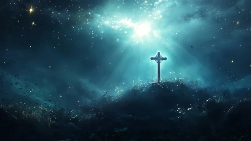 Quiet hillside cross glowing under a gentle starlit sky.