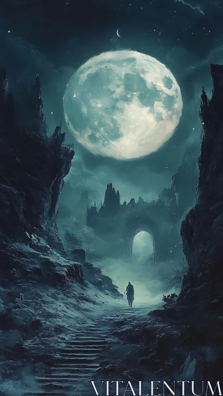 Solitary figure on misted path beneath oversized moon.