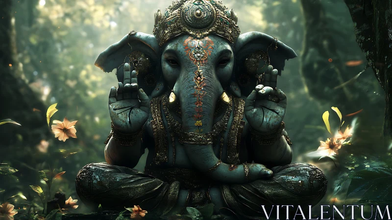 Ganesha forest idol digital rendering with floating blossoms.