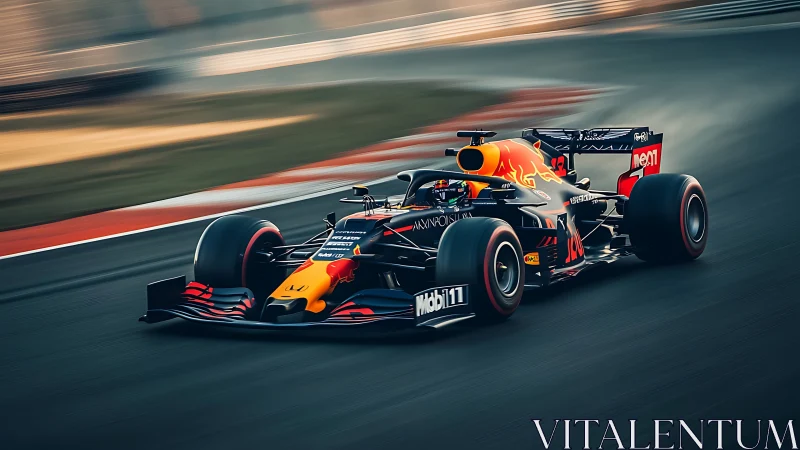 Formula 1 race car slices apex under warm track light.
