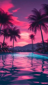 Neon gradient sunset over infinity pool with reflective palm silhouettes