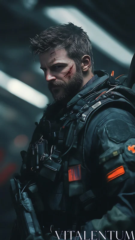 Brooding futuristic soldier ready for the next mission.