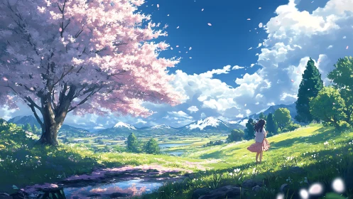 Blossom-kissed valley daydream beneath wide dancing skies.