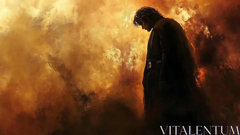 Brooding warrior stands in burning golden smoke field.