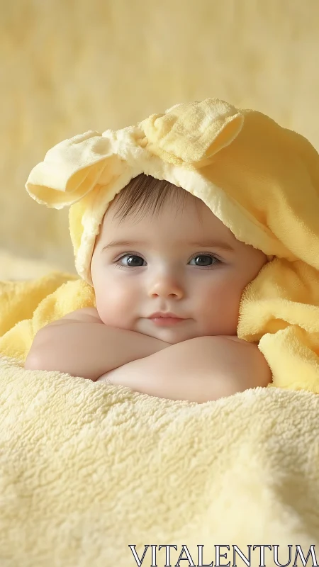 Baby in Yellow Towel Headwrap with Serene Expression.
