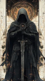 Hooded voidknight guards a clockwork haloed relic gate.