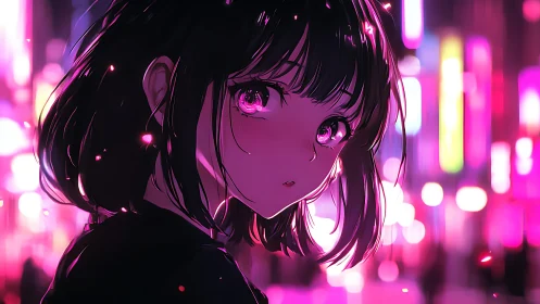 Neon city girl glows softly in electric pink night haze.