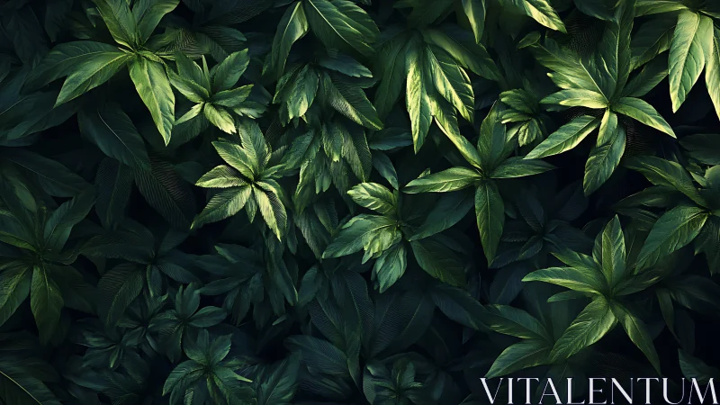 Layered tropical foliage rendered with directional overhead lighting