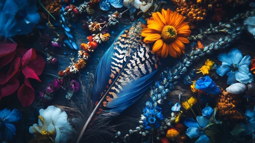 Feather Surrounded by Colorful Flowers Against Dark Background