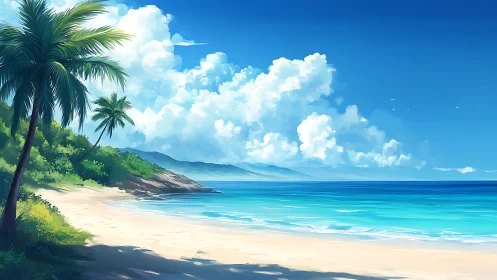 Tropical Beach Sanctuary with Palm Trees and Serene Ocean