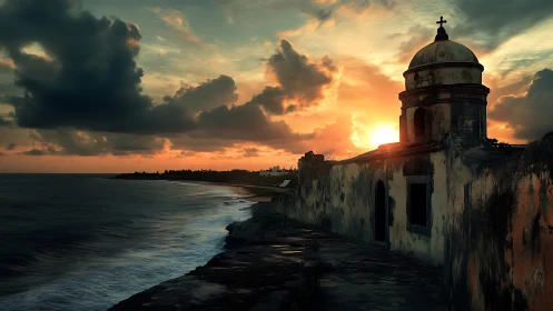 Coastal fortress with weathered chapel at dramatic sunset.