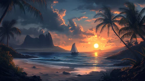 Sailboat drifts through ember-tinted tropical sunset dreamscape.