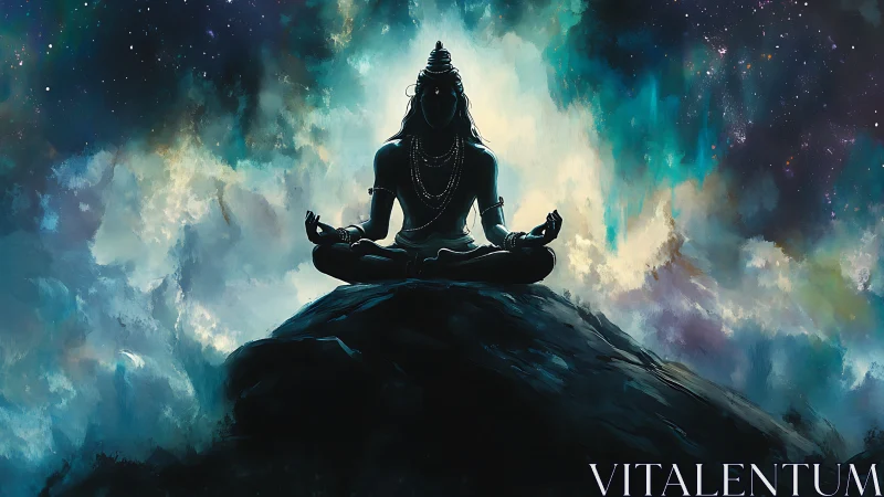 Cosmic yogi in luminous nebula calm above starlit void.