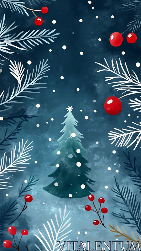 Centered stylized fir tree is surrounded by winter foliage