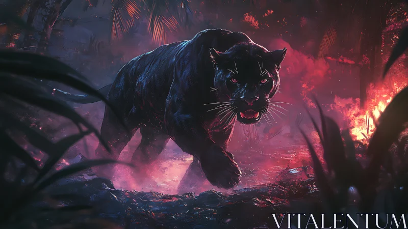 Black Panther Stalking Through Neon Jungle Inferno