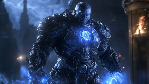 Armored cybernetic titan with glowing blue core in ruins