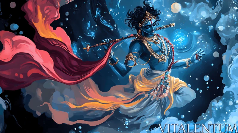 Cosmic flute dancer drifting through swirling starlight.