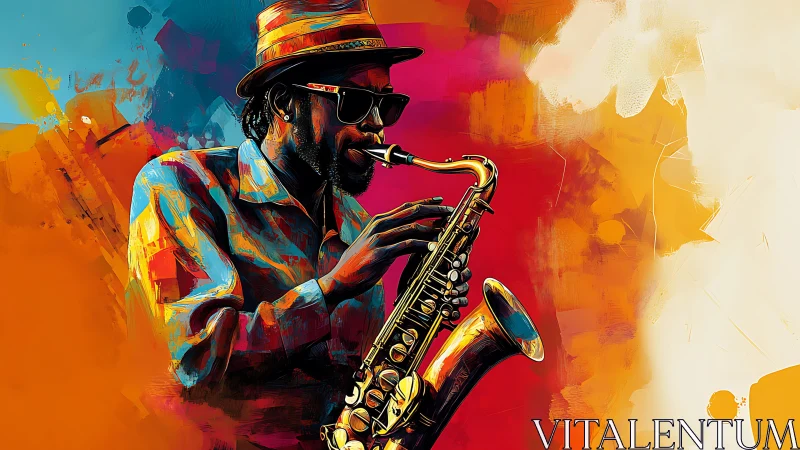 Saxophonist portrait in saturated multicolor digital artwork.
