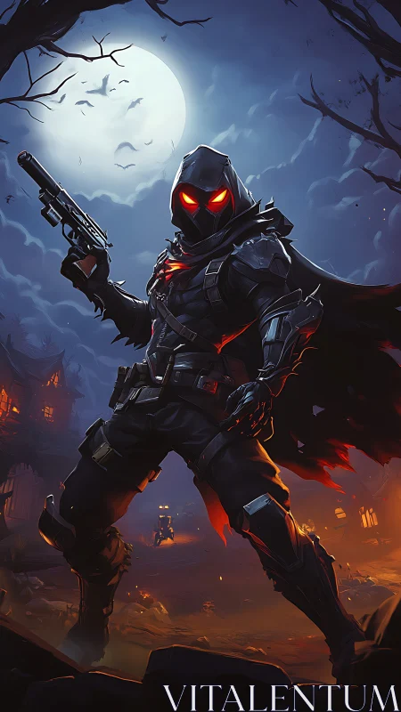 Moonlit gunfighter cloaked in ember-lit shadow stalks forward