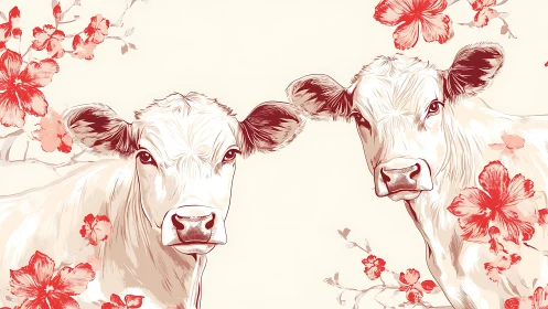 Twin white calves rendered in stylized floral vector illustration