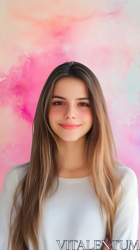 Young woman against soft pink watercolor backdrop.