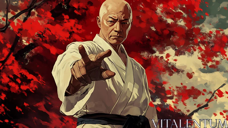 Karate master extends hand in front of red abstract foliage