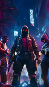 Neon-clad vigilantes prowl a rain-soaked cyberpunk alleyway.