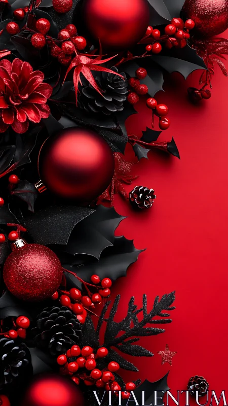 Red ornaments and foliage on matte red background surface.