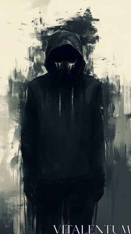 Hooded faceless figure emerges from abstract shadows.