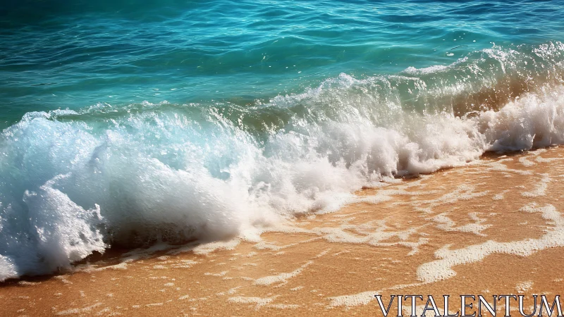Breaking turquoise wave rolling onto clean sandy shore.