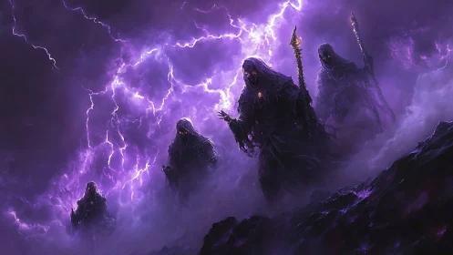 Dark robed sorcerers advancing through violet storm.