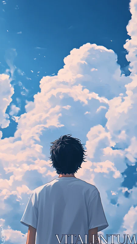 Backlit anime figure observes volumetric cumulus cloudscape