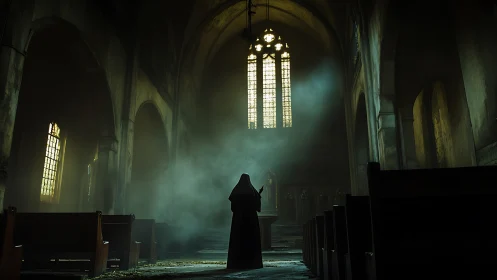 Shrouded cleric bathed in haunted cathedral daylight hush.