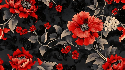 High-Contrast Floral Botanical Pattern with Dramatic Red Blooms.
