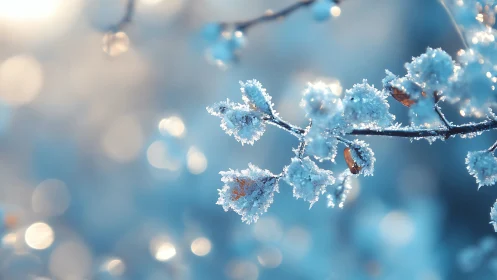 Frost covered winter branch with shallow depth of field focus